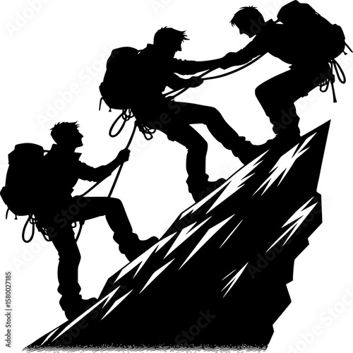 Mountain Climbers Teamwork Silhouette: Three climbers silhouette assisting each other during a challenging mountain ascent, showcasing teamwork and perseverance.