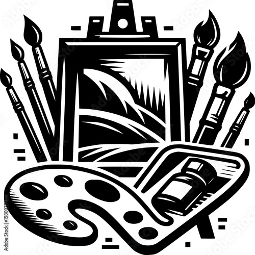 Artistic Creation: A collection of essential art supplies, including paintbrushes, palette, canvas, and paint.