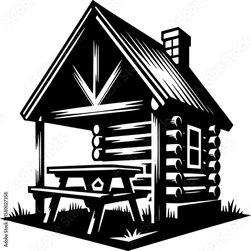 Rustic Cabin Retreat: A meticulously rendered illustration showcasing a charming cabin, embodying a sense of serenity and peacefulness.