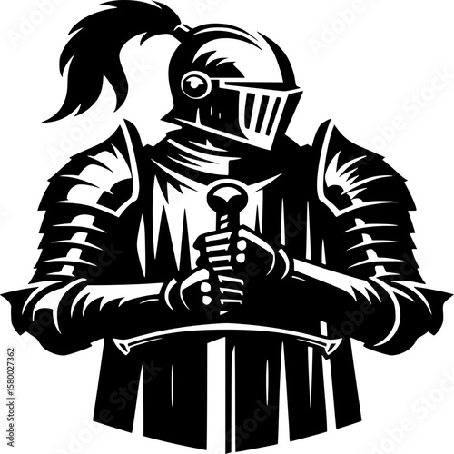 Ancient Knight in Shining Armor: A stoic knight, armored in intricately detailed plate, stands poised, his visage masked by an imposing helmet, reflecting a blend of history, bravery and stoicism.