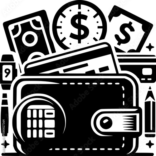 Wallet of Wealth: An emblem of financial resources, featuring a wallet overflowing with cash, credit cards, and essential financial tools