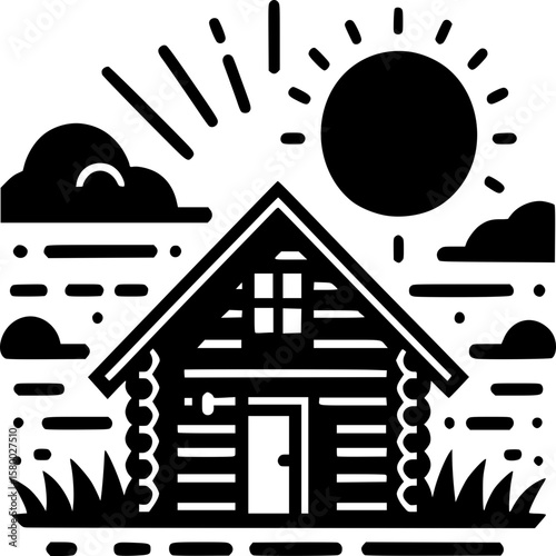 Cozy Cabin Silhouette: A picturesque cabin silhouette is bathed in sunlight, embodying tranquility and inviting viewers to escape into a world of relaxation and peace.