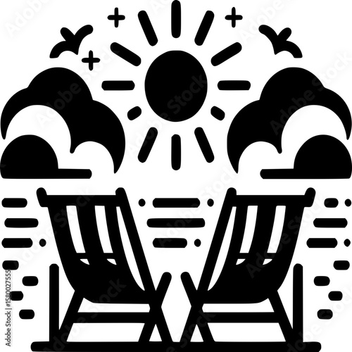 Seaside Serenity: A minimalist depiction of the seaside, featuring a pair of inviting beach chairs, the warm glow of the sun, and the gentle motion of the sea. A place of pure relaxation, harmony.
