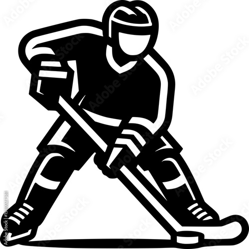 Hockey Player in Action: Dynamic black and white illustration of a hockey player with stick and puck during a face-off, encapsulating the speed and skill of ice hockey in a classic, energetic design.