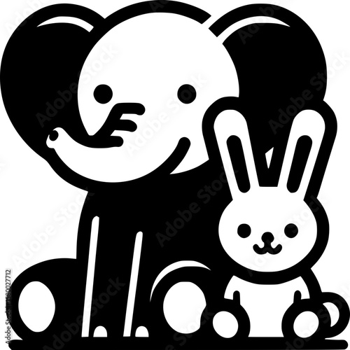 Friends Forever:  Charming graphic illustration showcases a playful elephant and a cute rabbit, both sharing a special bond of friendship. The image captures the essence of joy. 
