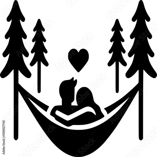 Serene Retreat: A tranquil silhouette showcases a couple in an embrace, suspended in a hammock amidst a backdrop of towering trees and a symbol of love. The scene exudes peace and togetherness.