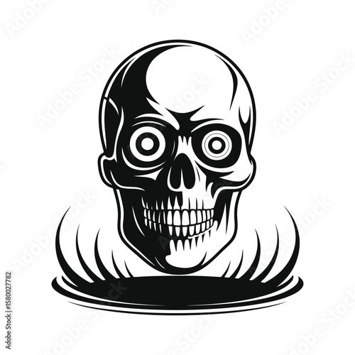 Black skull with concentric circles in eyes and stylized flames white