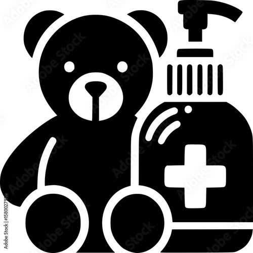 Safety first: A child's essential health and hygiene kit, featuring a friendly teddy bear and an easy-to-use hand sanitizer dispenser, emphasizes cleanliness and protection.
