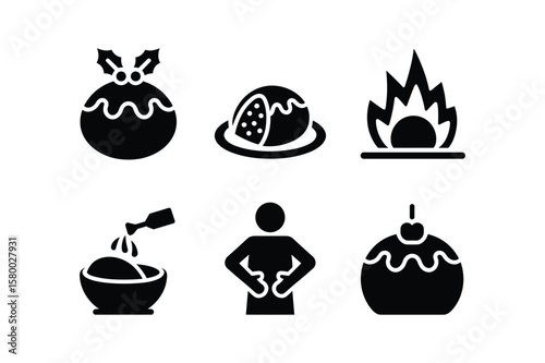 Festive food preparation and celebration icons christmas pudding holly