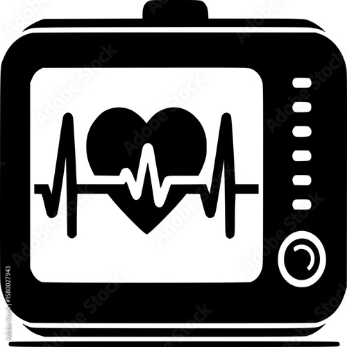 Vital Sign Monitor: A black and white graphic showcasing a vital sign monitor displaying a heartbeat and heart, the device is essential to monitor patient's health.