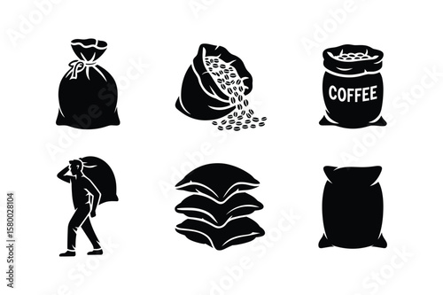 Black silhouette icons of coffee sacks and a person carrying a sack coffee beans