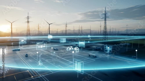 Futuristic energy grid and smart city technology with wind turbine, power line, digital interface overlay, renewable energy, and sustainable infrastructure innovation at sunrise