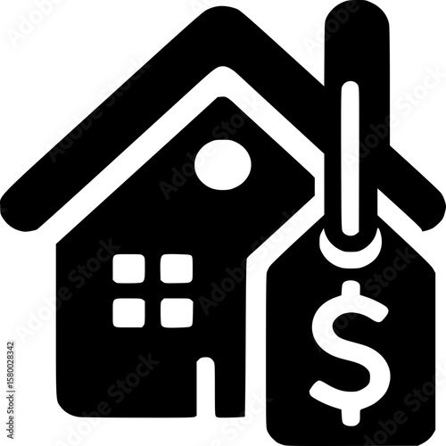 Home Pricing Emblem: A modern icon depicts a house silhouette with a hanging price tag, symbolizing real estate appraisal and property value assessment, appealing to anyone considering homeownership.