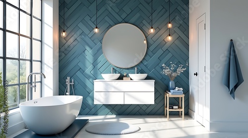 A modern bathroom with a blue textured wall and round mirror