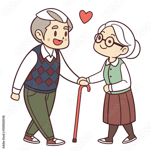 Vector art of a loving elderly couple holding hands with a heart above them