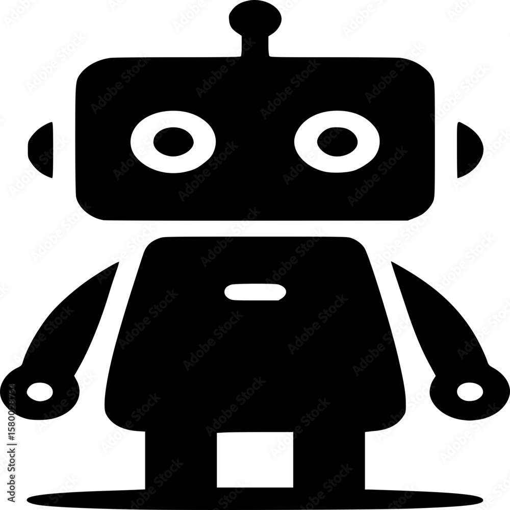 Obraz premium Cute Robot Icon: A simple, clean design featuring a friendly robot with a box-shaped head, big eyes, and antenna, ideal for technology, innovation, and future concepts.