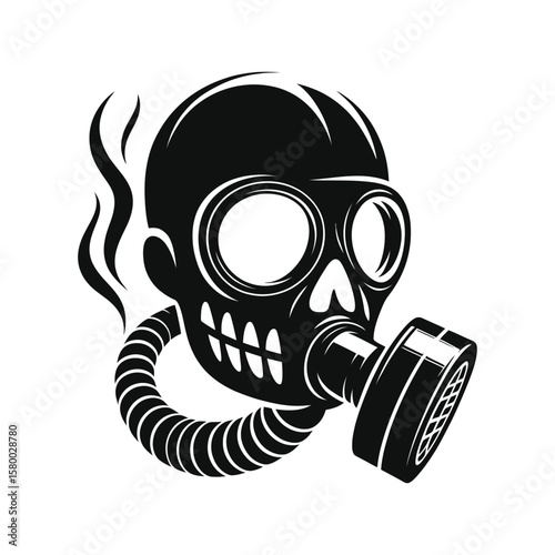 Skull wearing gas mask with smoke protection hazard