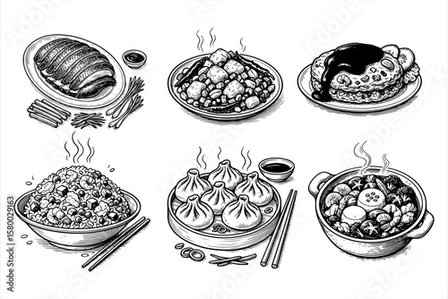 Detailed monochrome illustrations showcase various delicious Asian cuisine dishes, ready to eat.