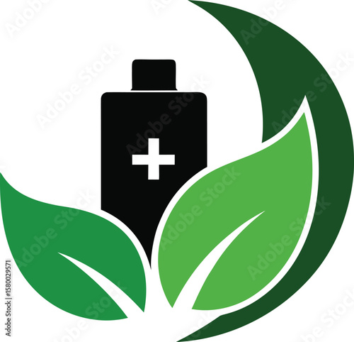 Medical symbol with green leaf representing health and care icon