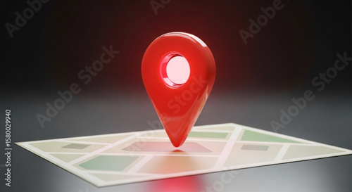 A glowing red location marker pinpoints a map with a dark background.