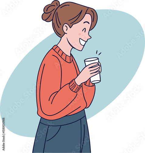 Vector art of a happy young woman with her hair in a bun holds a cup
