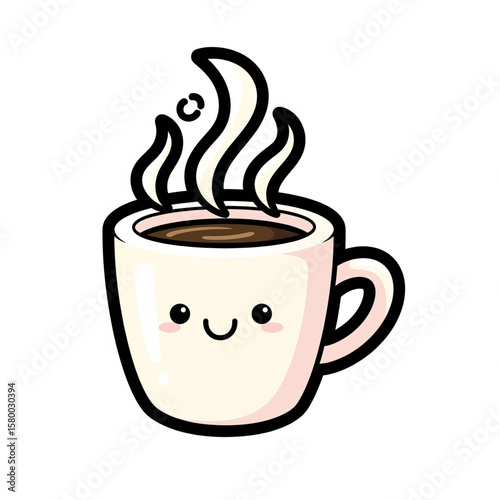 Cute cartoon coffee cup with steam and a happy face.