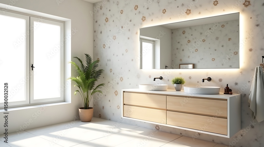 Fototapeta premium A bright modern bathroom with a double vanity and large window