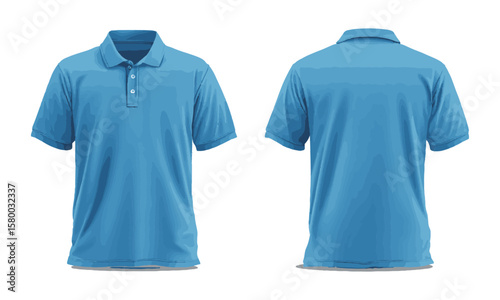 Modern Vector illustration of a blue polo shirt with a standard collar and three buttons on the front, Blank collared blue shirt mock-up template, front and back view, easily editable and scalable.