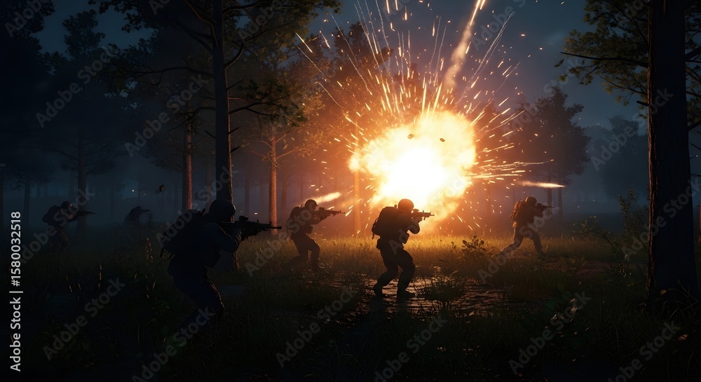 Fototapeta premium Soldiers Engaged in Combat in Forest During Explosion
