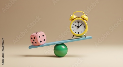 a yellow retro alarm clock and a pink dice balanced on a blue rod