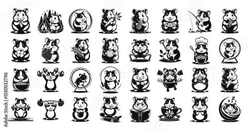 Black and white cartoon hamster character set performing various cute activities hobbies and emotions in vector style on white background