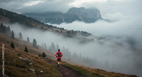 Trail runner in a red outfit running along in a misty Mountain Landscape