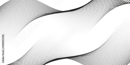 Dotted wave line background. Black halftone undulate pattern. Abstract particle flow wave wallpaper. Curved dashed gradient net design element for poser, banner,  modern background