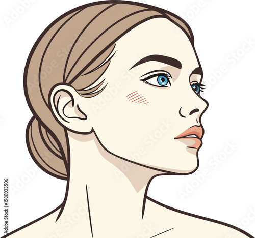 Vector art of a womans face in profile, with her hair in a bun, looking up