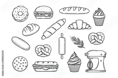 Delicious Bakery Goods Hand-Drawn Illustrations of Bread, Pastries, and Sweets