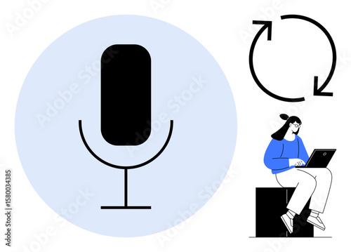 Microphone over blue circle, refresh arrow for re-recordingconcept revision, woman working on a laptop. Ideal for audio design, technology, communication, podcasting, teamwork, creativity simple