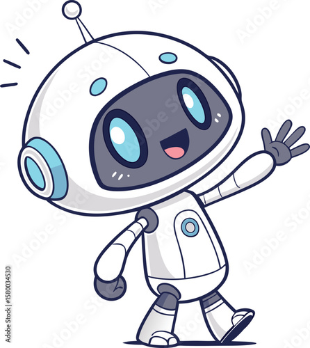 Vector art of a friendly cartoon robot waving hello with a cheerful expression