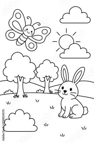 Coloring pages for kids of a landscape scene with rabbit and butterfly
