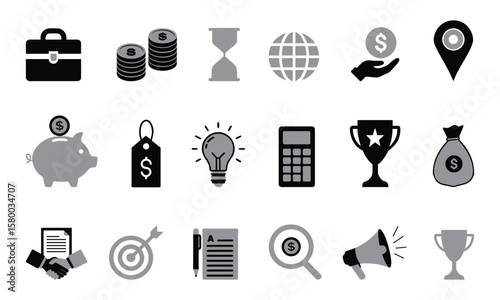 Collection of business and finance icons representing growth success and investment opportunities