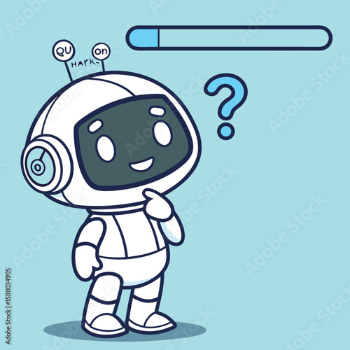 Vector art of a cute cartoon robot pondering with a question mark and loading bar