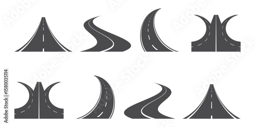 Straight and winding road road. Seamless asphalt roads template. Highway or roadway background. Vector illustration.