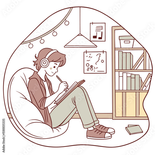A person sitting in a beanbag chair drawing in a notebook with a bookshelf and lights in the background