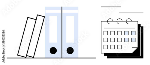 Two document folders standing upright beside a calendar with visible dates. Ideal for time management, office organization, recordkeeping, productivity, planning, business, schedules. Minimalist
