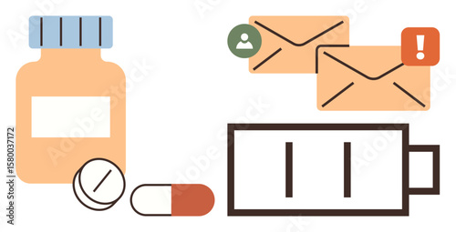 Medicine bottle with pills, low battery indicator, and notification envelopes. Ideal for health, productivity, stress, balance, wellness digital detox energy reminders. A simple flat metaphor
