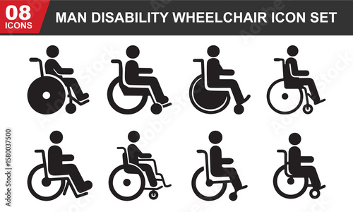 Man disability wheelchair icons set vector on white background, wheelchair icon, disability icon, accessibility vector, black wheelchair symbol, handicap icon, person in wheelchair, mobility aid icon.