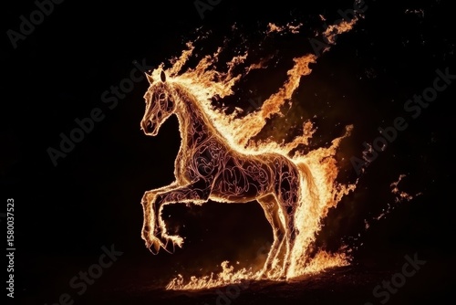 Graceful fire horse symbol of 2026. Realistic graceful galloping horse made with fire on dark background.