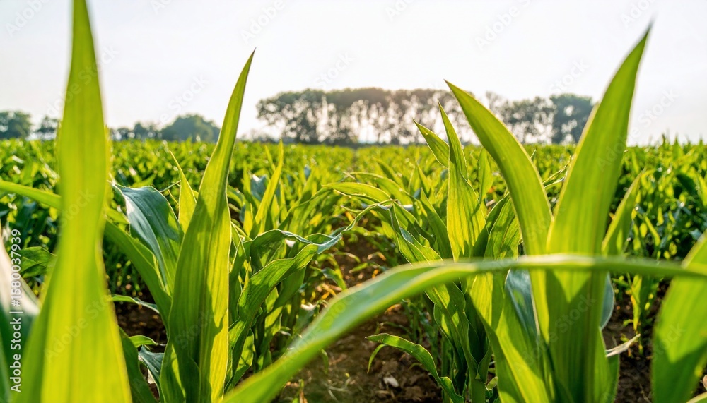 Fototapeta premium Vibrant Green Cornfield Under Sunlight