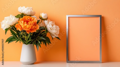Fototapeta Naklejka Na Ścianę i Meble -  Soft peach background highlighting silver-framed arrangement of full peonies