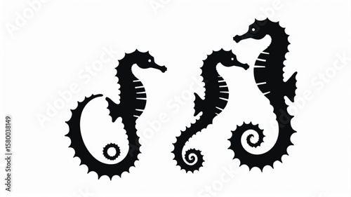 Silhouetted seahorses gracefully arranged against a stark white background, creating a minimalist design.