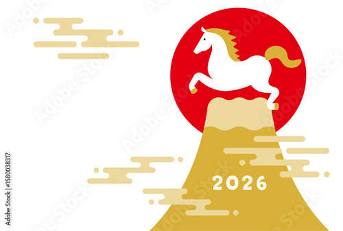 New Year's Cards-111　2026年、年賀状 午（うま・馬）の干支イラスト。 令和8年、年賀状テンプレート。和モダンなデザインの年賀状。